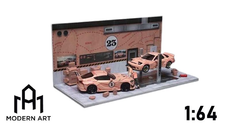  Hộp trưng bày mica xưởng sửa chữa ô tô có bàn nâng, có fig Pink Pig tỉ lệ 1:64 MO641070 