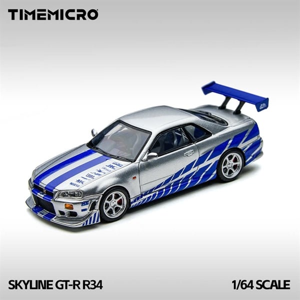  Mô hình xe Skyline GT-R R34 Silver-Blue tỉ lệ 1:64 Time Micro TM800502 