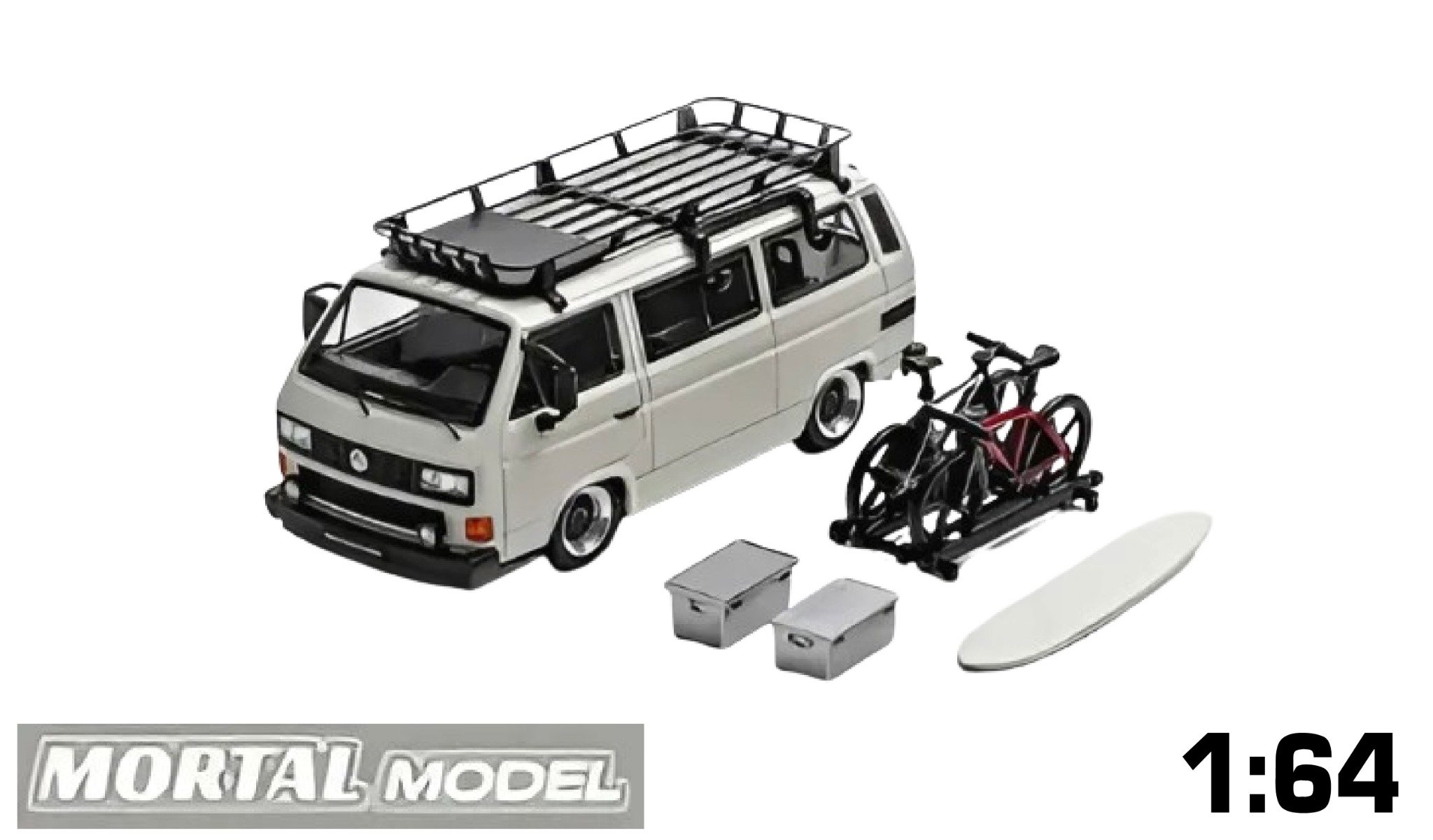  Mô hình xe Volkswagen VW T3 low BBS wheels, with roof bike accessories, surfboard and accessories box tỉ lệ 1:64 Mortal OT64159 