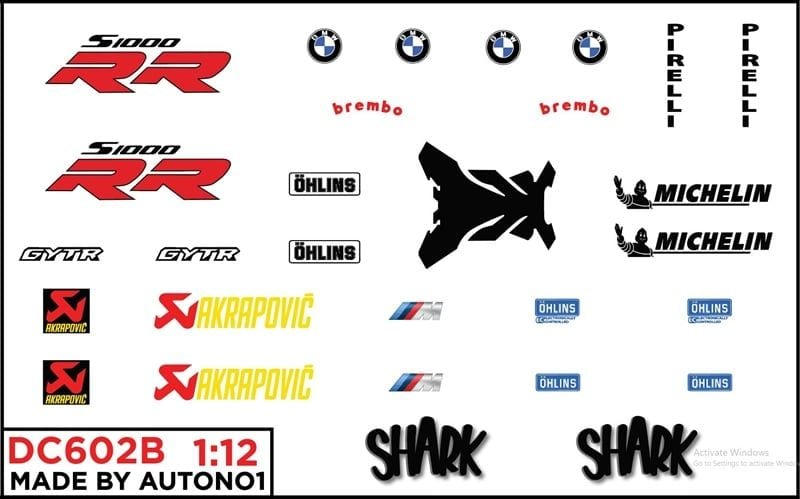 DECAL NƯỚC ĐỘ BMW S1000 - RR - SHARK CHO MÔ TÔ TỈ LỆ 1:12 AUTONO1 DC602B