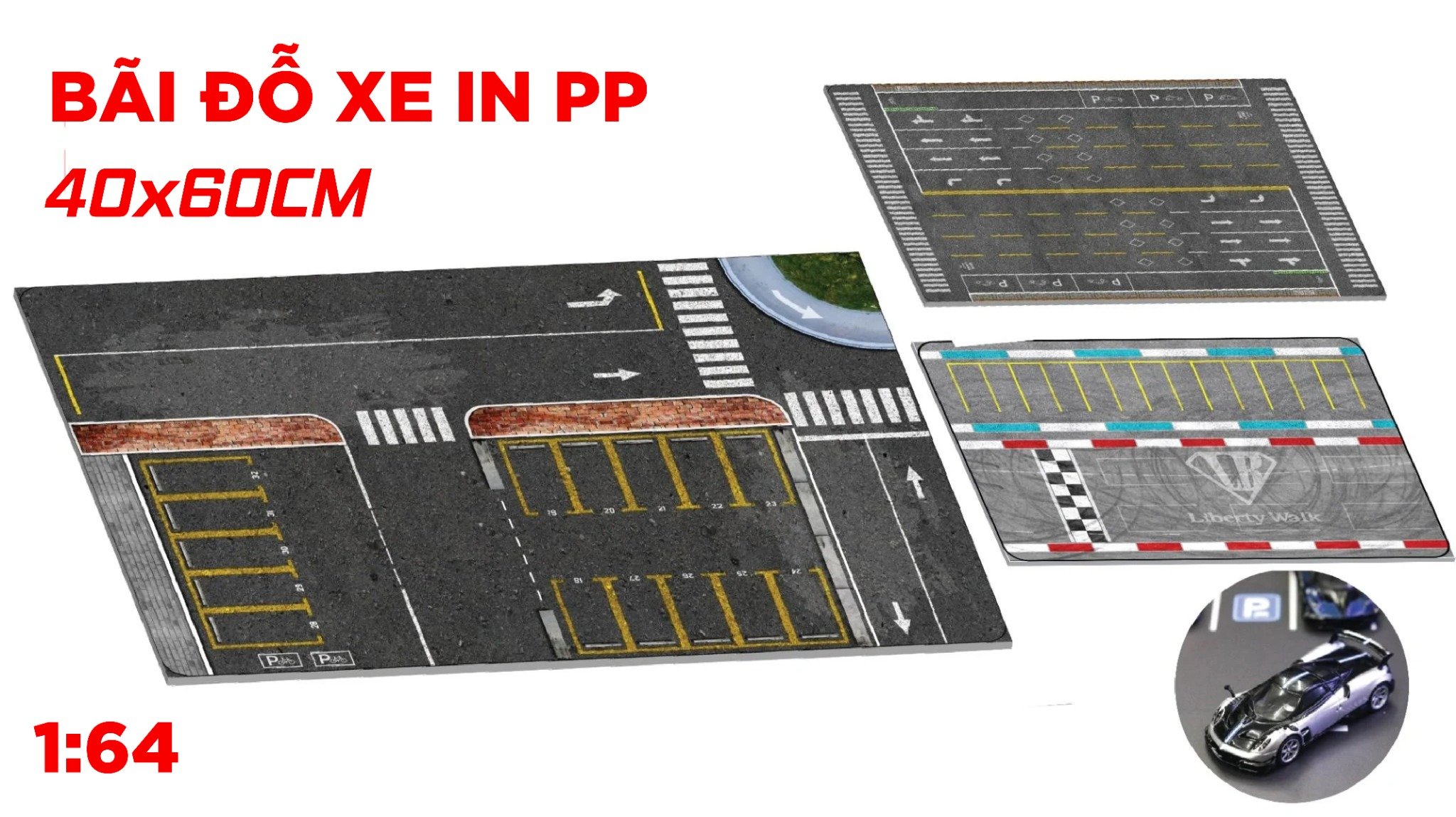  Diorama mặt đường cao tốc nhiều làn xe, bãi đậu xe in PP cán mờ chống nước bụi bẩn dành cho xe mô hình 1:64 có kích thước 40x60cm Autono1 DR033 