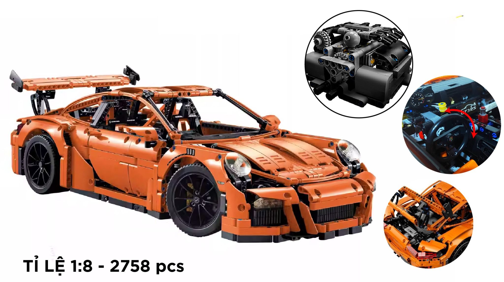  Mô hình xe ô tô lắp ghép Porsche 911 Gt3 RS Orange 2758 pcs tỉ lệ 1:8 non lego LG024 