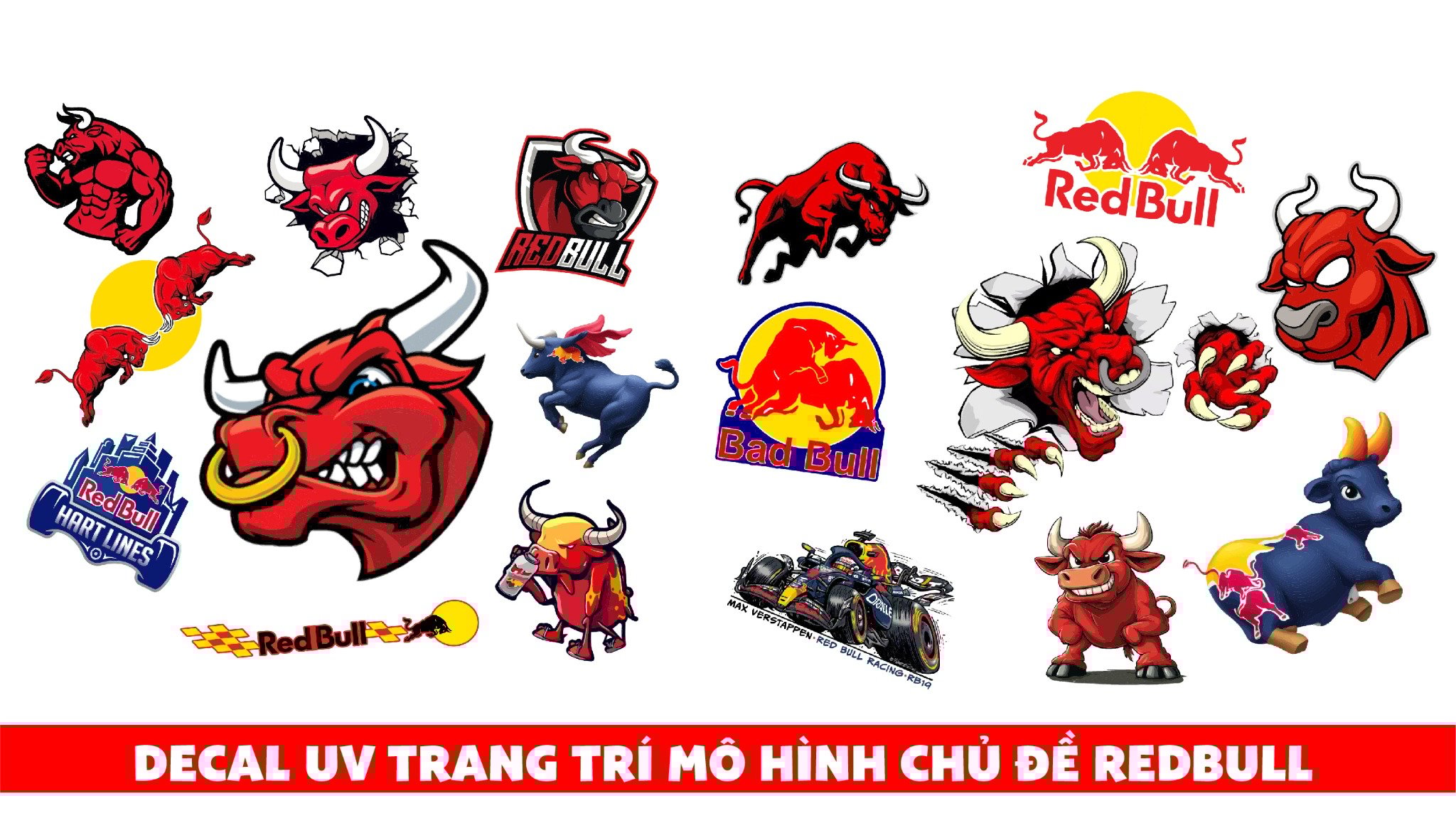 Decal UV trang trí mô hình - điện thoại - laptop - máy tính - nón - ly - mica chống nước - chống trầy - chống uv Redbull kích thước 5 x 5cm Autono1 UV507 