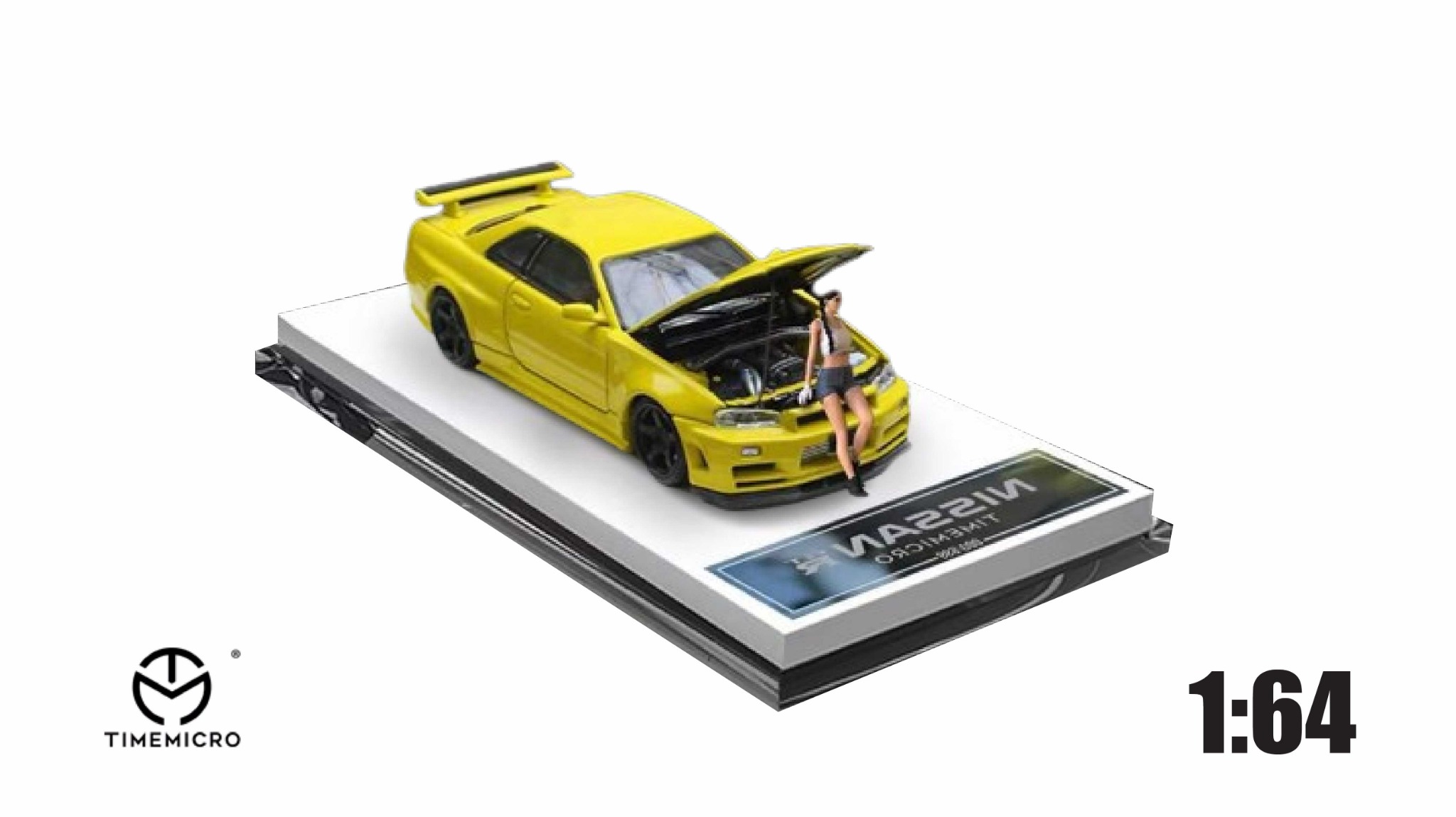  Mô hình xe Nissan GTR34 yellow metal mở được capo trước tỉ lệ 1:64 Time micro TM643409 