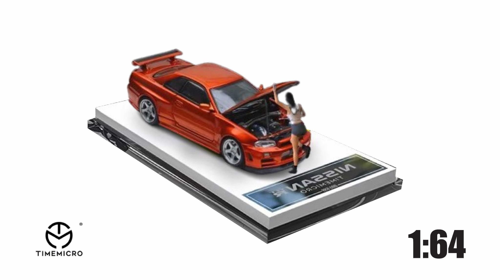  Mô hình xe Nissan GTR34 orange metal mở được capo trước tỉ lệ 1:64 Time micro TM643408 