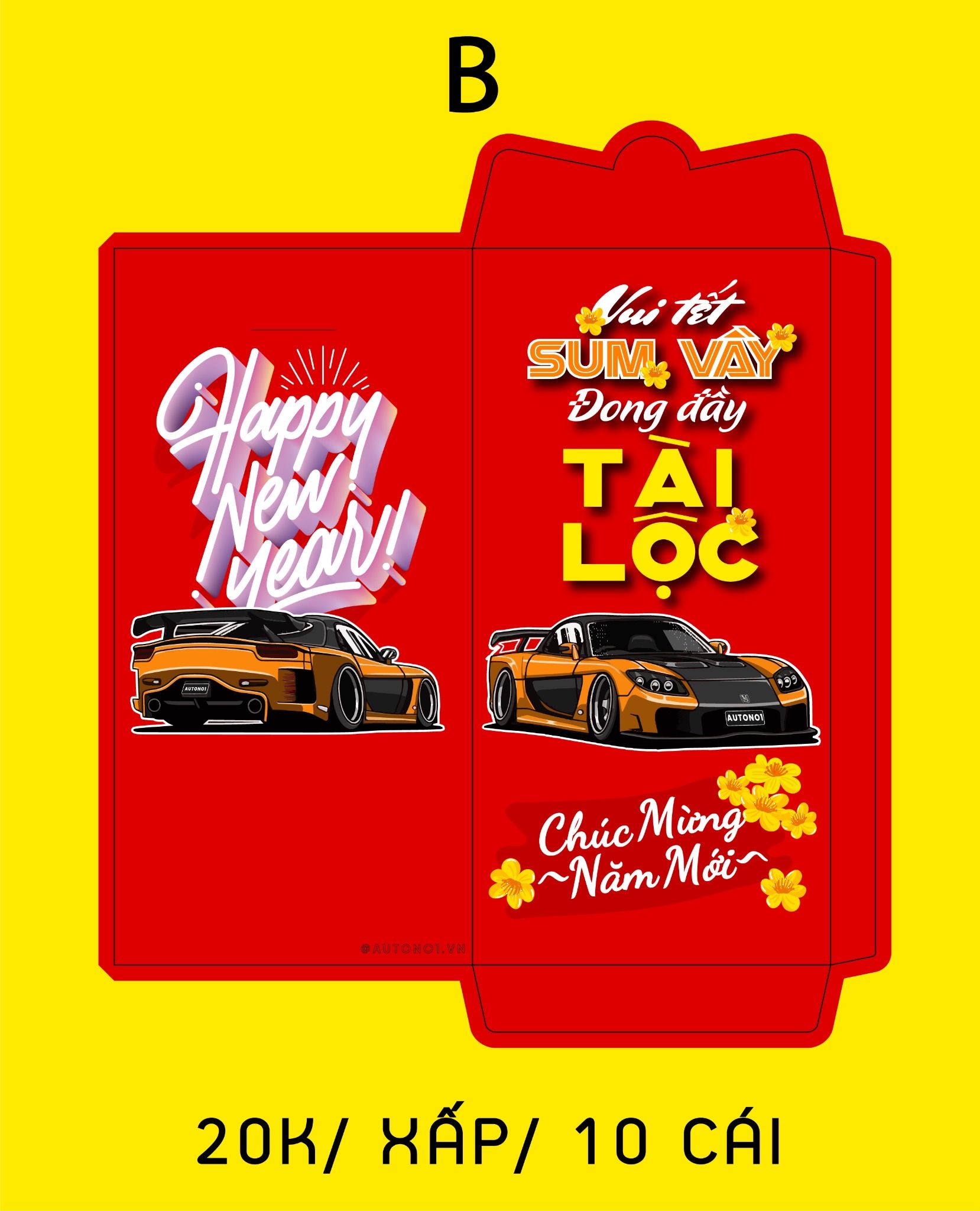  Bao lì xì hình xe kiểu bao dọc chúc mừng năm mới 2025 kích thước 8x16cm Autono1 LX008 