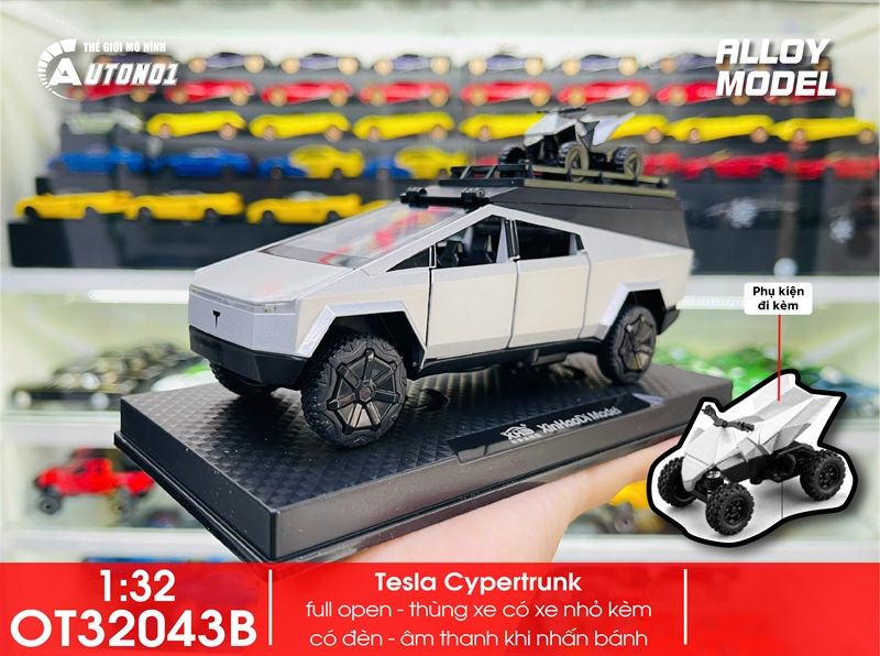  Mô hình xe ô tô điện Tesla Cypertrunk có xe nhỏ đi kèm - full open - có đèn và âm thanh tỉ lệ 1:32 Alloy Model OT32043 