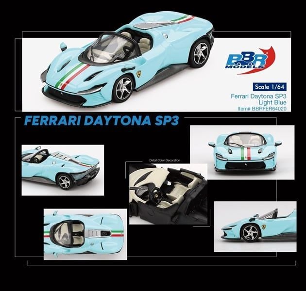  Mô hình xe Ferrari Daytona SP3 Light Blue tỉ lệ 1:64 BBR model BBRFER64020 