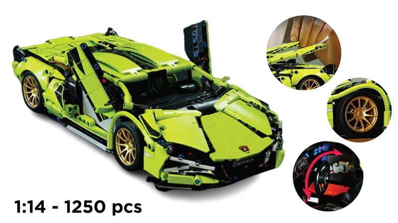  Mô hình xe ô tô lắp ghép Lamborghini Sian green 1250 pcs tỉ lệ 1:14 LG018 