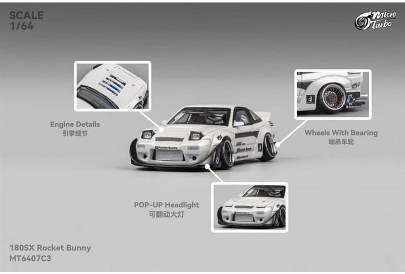 Mô hình xe Nissan 180SX Rocket Bunny Metal White tỉ lệ 1:64 Micro Turbo MT6407C3 