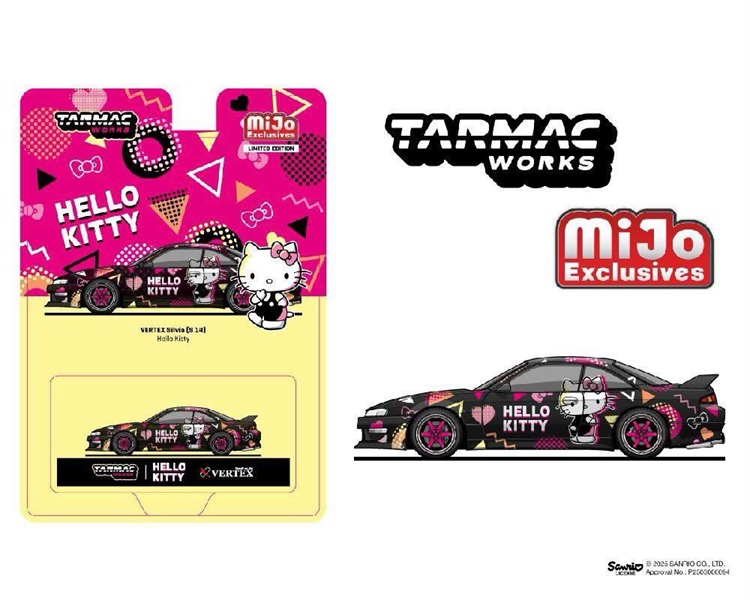  Mô hình xe Vertex Nissan Silvia (S14) Sanrio Hello Kitty ( BLACK CHROME ) bản card tỉ lệ 1:64 Tarmac x Mijo Exclusives T64G-018-HK 