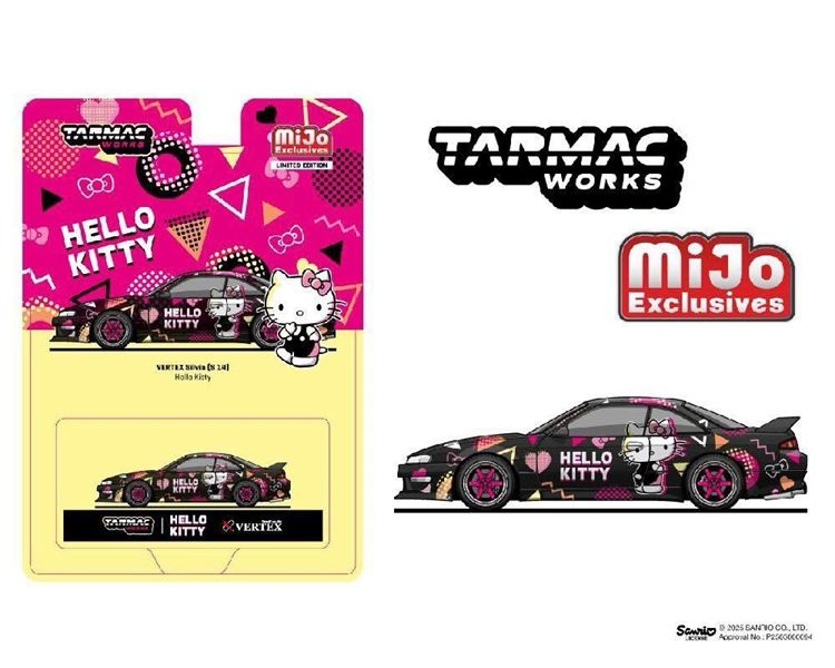  Mô hình xe Vertex Nissan Silvia (S14) Sanrio Hello Kitty ( BLACK CHROME ) bản card tỉ lệ 1:64 Tarmac x Mijo Exclusives T64G-018-HK 