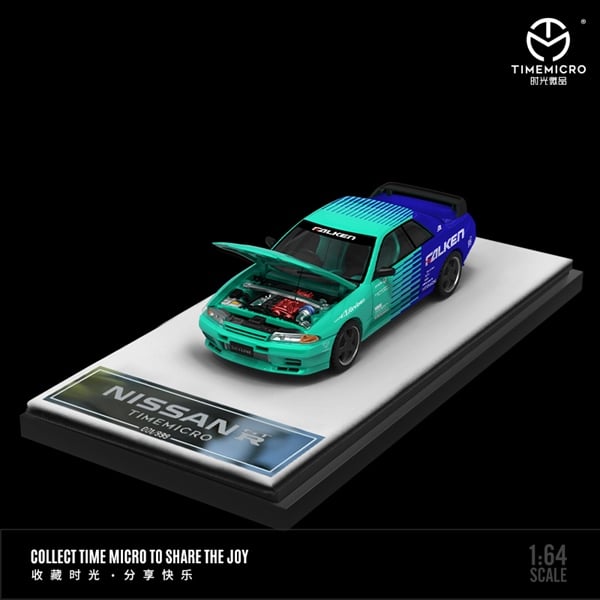  Mô hình xe Nissan GTR R32 racing Falken blue/mint mở được capo tỉ lệ 1:64 Time micro TM644119 