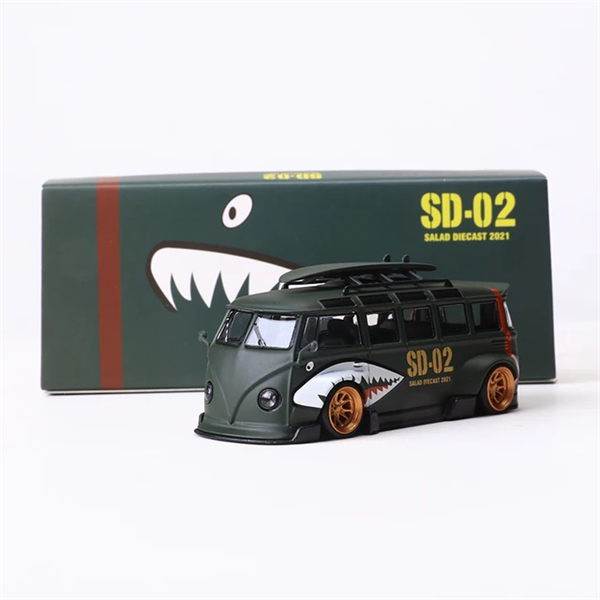  Mô hình xe Volkswagen T1 Van Kombi Matte green Shark Mouth Painting tỉ lệ 1:64 Flame Model OT64067 