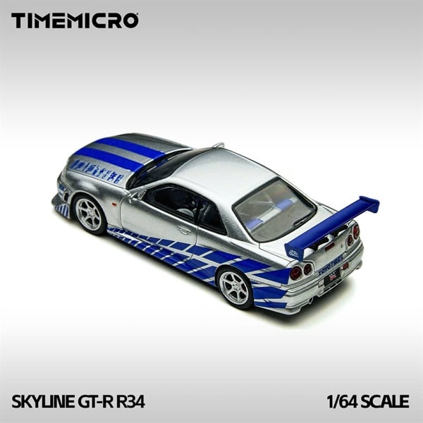  Mô hình xe Skyline GT-R R34 Silver-Blue tỉ lệ 1:64 Time Micro TM800502 