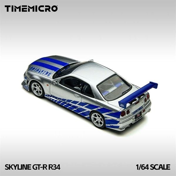  Mô hình xe Skyline GT-R R34 Silver-Blue tỉ lệ 1:64 Time Micro TM800502 