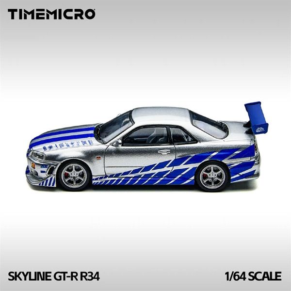  Mô hình xe Skyline GT-R R34 Silver-Blue tỉ lệ 1:64 Time Micro TM800502 
