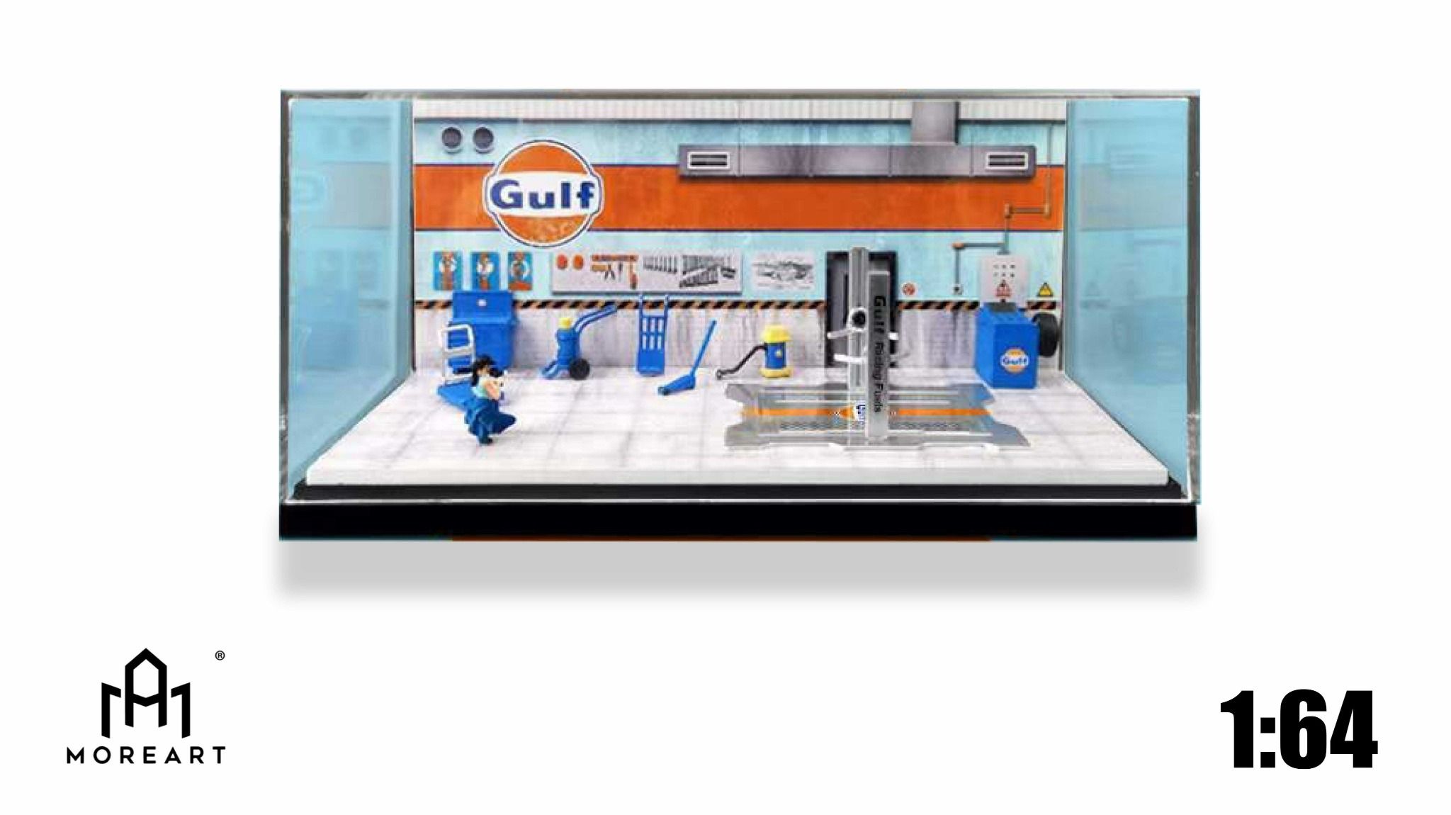  Hộp trưng bày mica xưởng sửa chữa ô tô có bàn nâng , có fig GULF tỉ lệ 1:64 MoreArt 