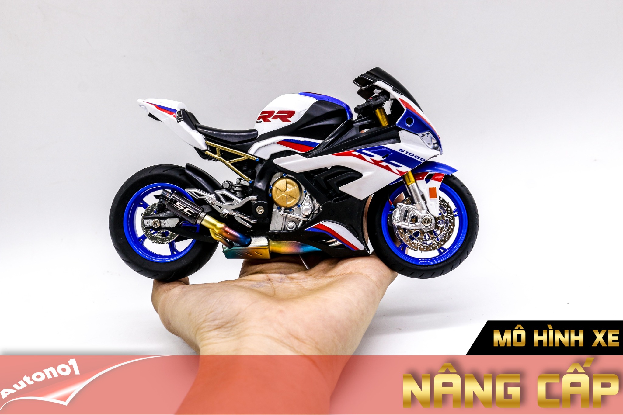  Mô hình xe độ Bmw S1000rr White Blue 2020 độ Pô 1:12 Autono1 Alloy D160E 