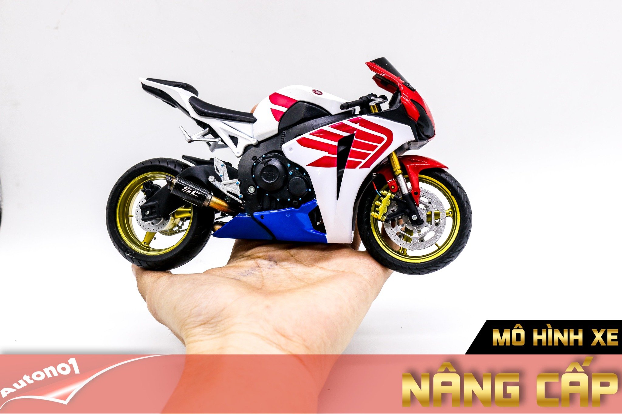  Mô hình xe độ Honda Cbr 1000rr White Red Pô - Mâm 1:12 Autono1 Joycity D172A 