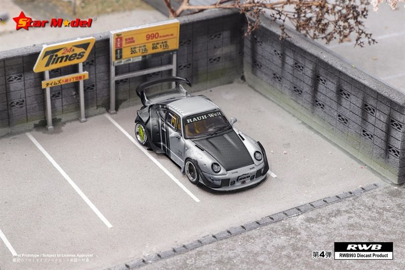  Mô hình xe Porsche Rauth Welt RWB 993 GT wipe body silver - carbon rear wing có figure tỉ lệ 1:64 Star model OT64186 
