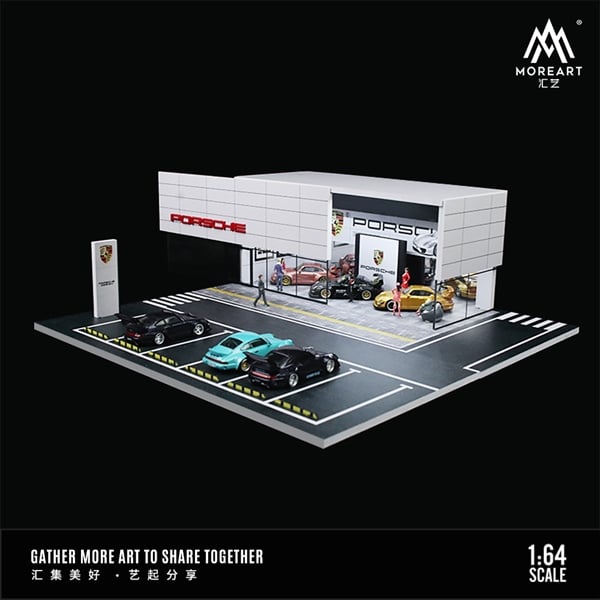  Hộp trưng bày mica mô phỏng showroom Porsche có đèn + bãi đỗ xe kích thước 30x30x10cm tỉ lệ 1:64 MoreArt MO936002 