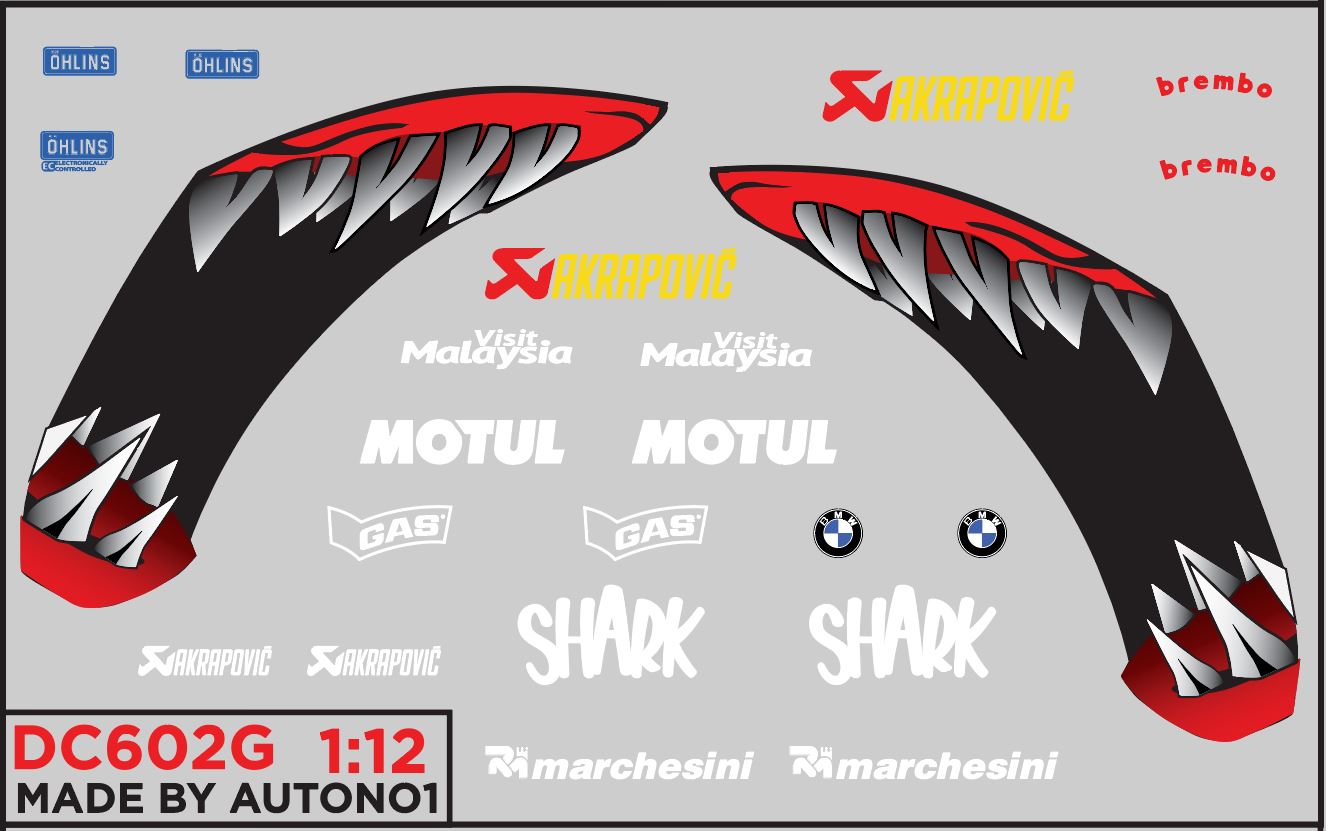  Decal nước độ cá mập Mod 2 cho BMW S1000RR 1:12 Autono1 DC602G 