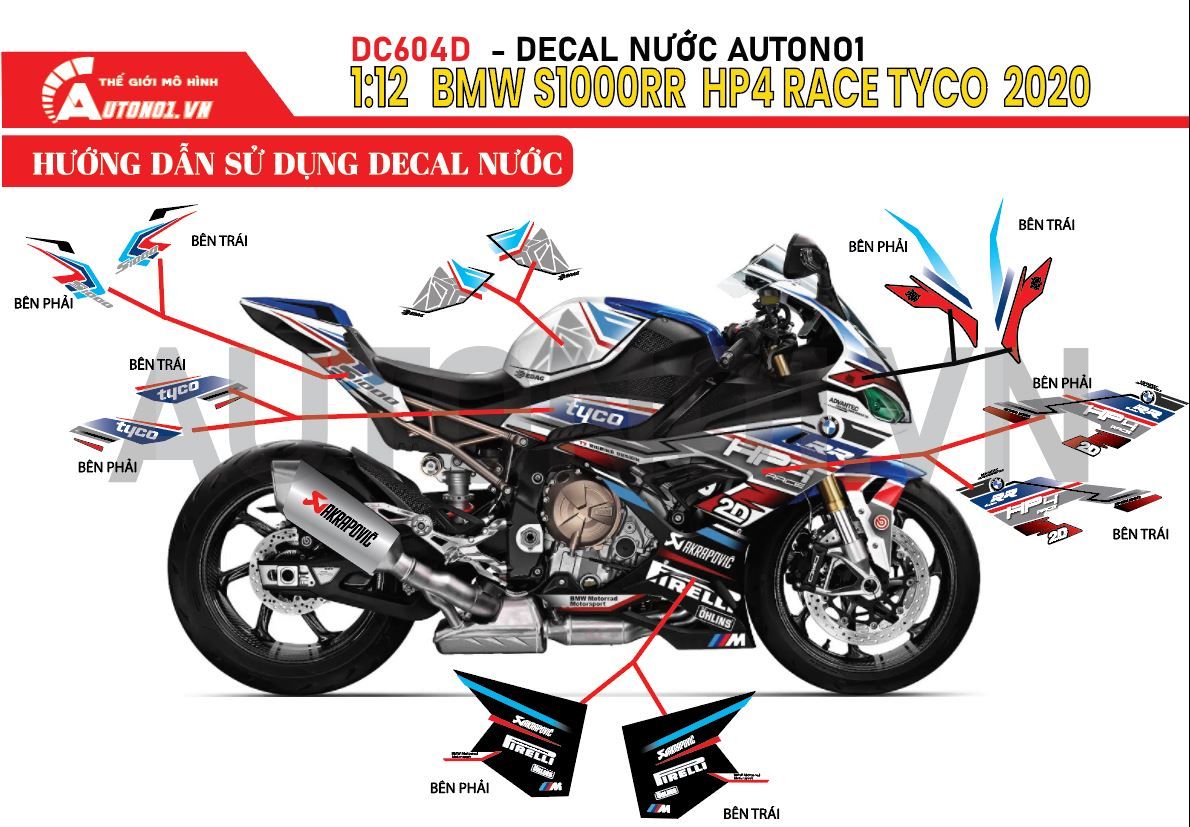  Decal nước tem trùm độ BMW S1000RR HP4 Race Tyco 2d 1:12 Autono1 DC604d 