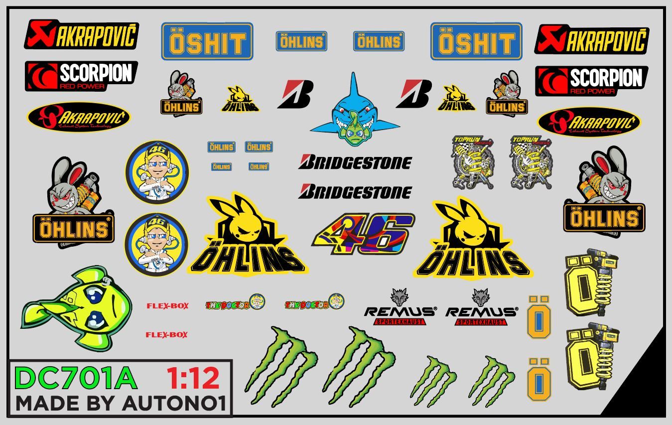  Decal nước trang trí xe Monster-Ohlins-Bridgestone-The doctor-46 dán mọi nền màu cho xe mô hình tỉ lệ 1:12 DC701A 