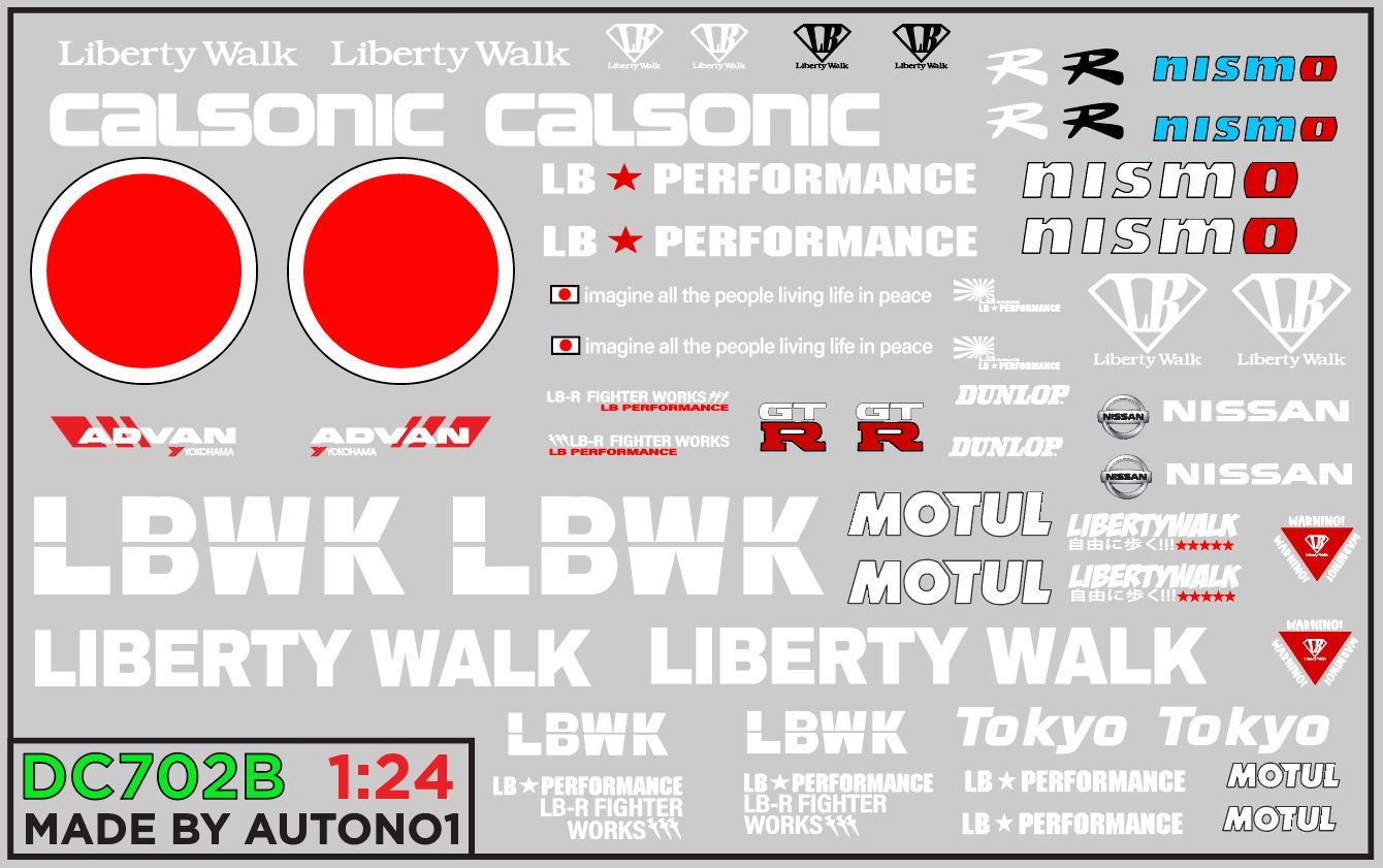  Decal nước trang trí xe Nissan GTR LBWK Liberty Walk Calsonic Nismo dán mọi nền màu cho xe mô hình tỉ lệ 1:24 DC702B 