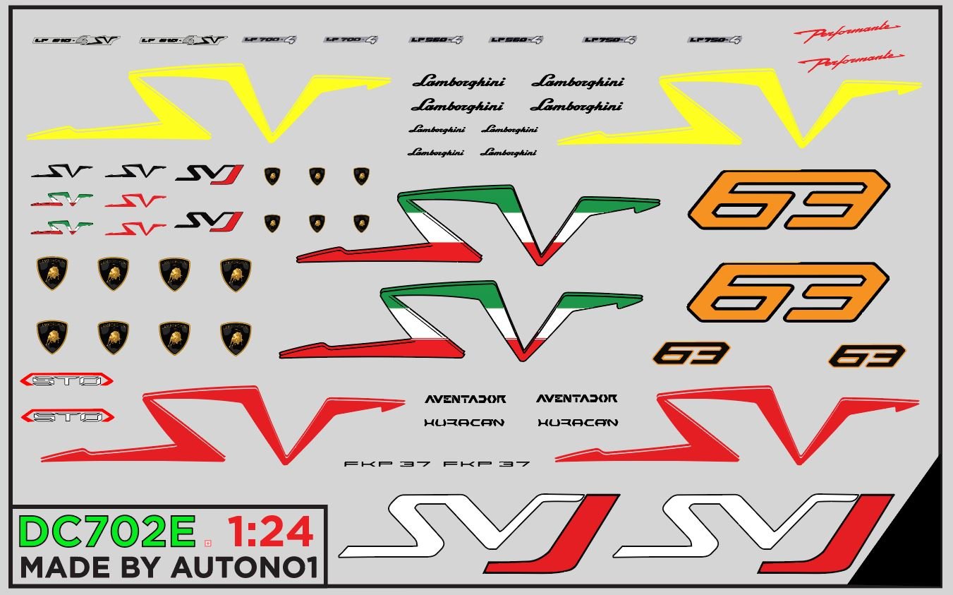  Decal nước Lamborghini Aventador SVJ 63 huracan STO dán mọi nền màu cho xe mô hình tỉ lệ 1:24 DC702E 