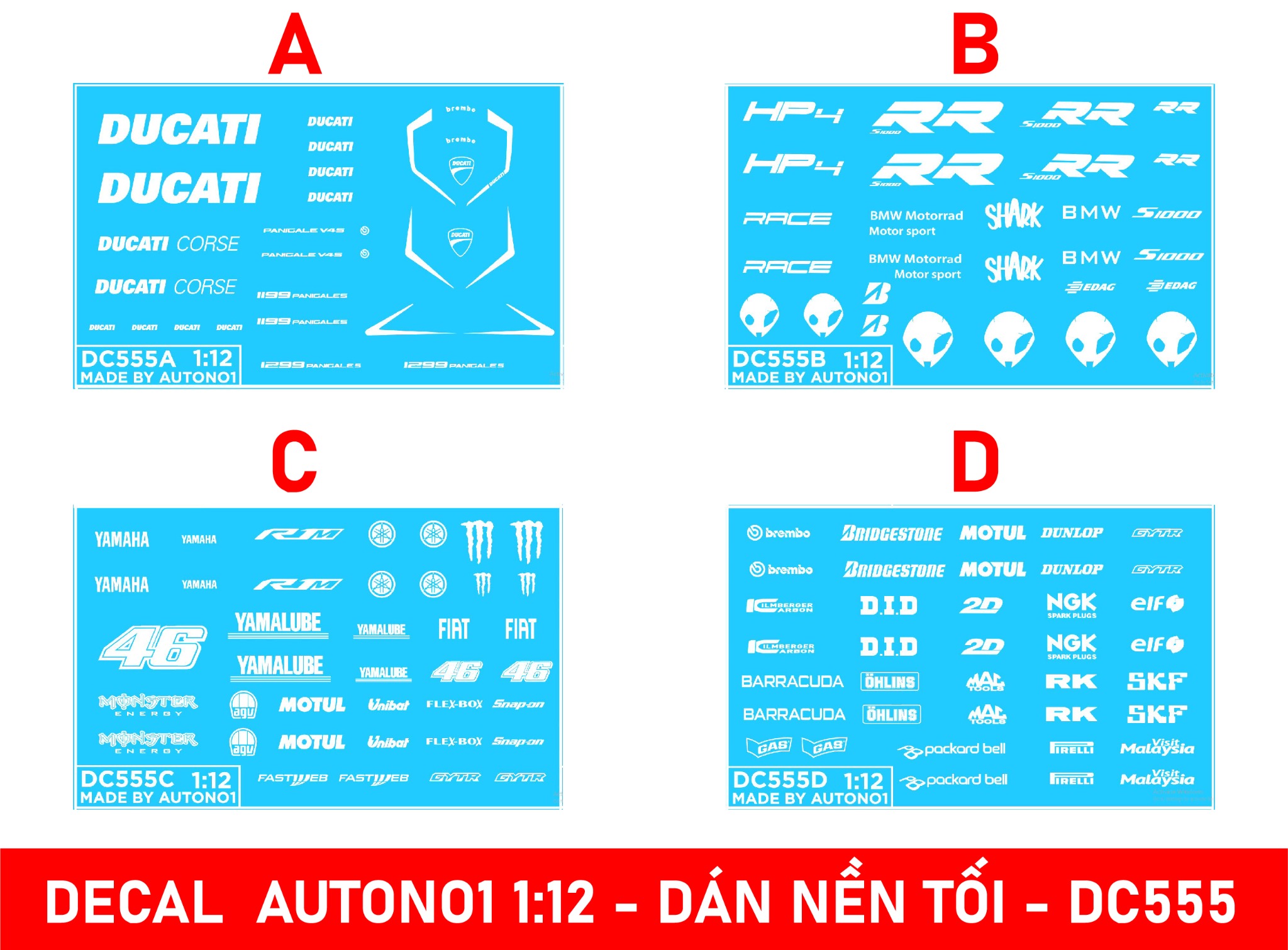  Decal nước hãng xe dán mọi nền màu mô tô tỉ lệ 1:12 Autono1 DC555a 