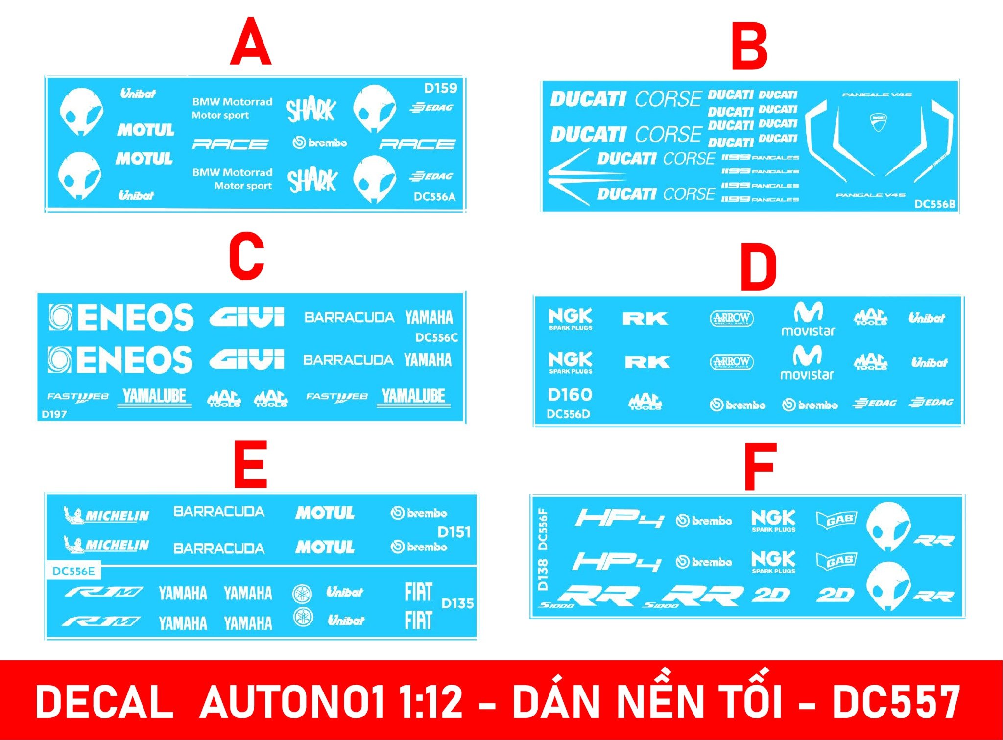  Decal nước chữ trắng dán mọi nền màu độ mô tô tỉ lệ 1:12 Autono1 DC557a 