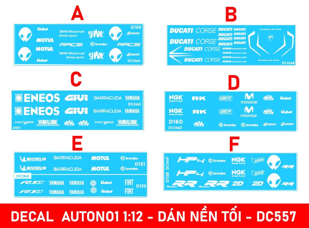 DECAL NƯỚC CHỮ TRẮNG DÁN NỀN TỐI ĐỘ MÔ TÔ TỈ LỆ 1:12 AUTONO1 DC557A