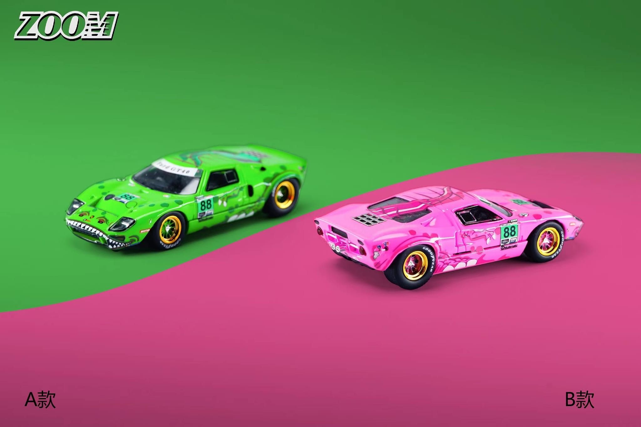  Mô hình xe Ford GT40 MK1 Tyrannosaurus Rex Pink - Green #88 tỉ lệ 1:64 ZOOM model OT64060 