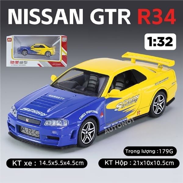  Mô hình xe Nissan GT-R R34 có âm thanh - đèn - full open tỉ lệ 1:32 Chimei model OT459 