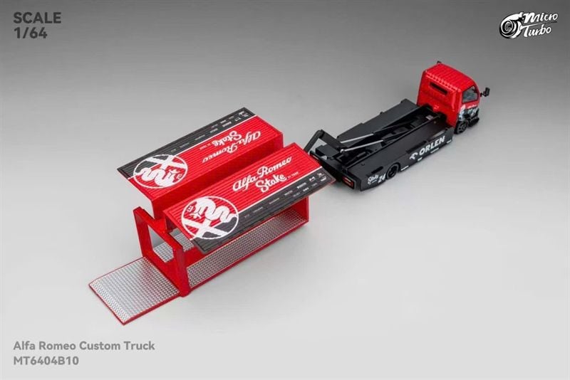  Mô hình xe tải kéo thùng - chở xe Custom truck Alfa Romeo red mở được thùng tỉ lệ 1:64 Micro Turbo MT6404B10 