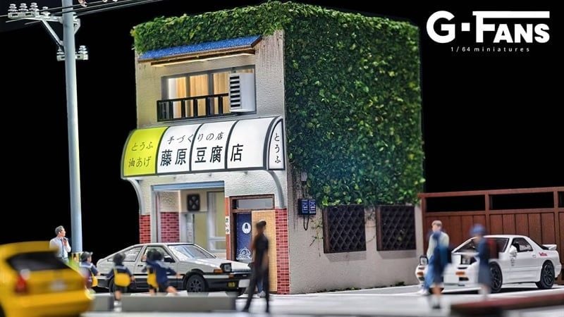  Hộp trưng bày mô phỏng quán ăn đậu hủ và bãi đỗ xe Nhật có đèn tỉ lệ 1:64 G FAN-MODELS 710039 