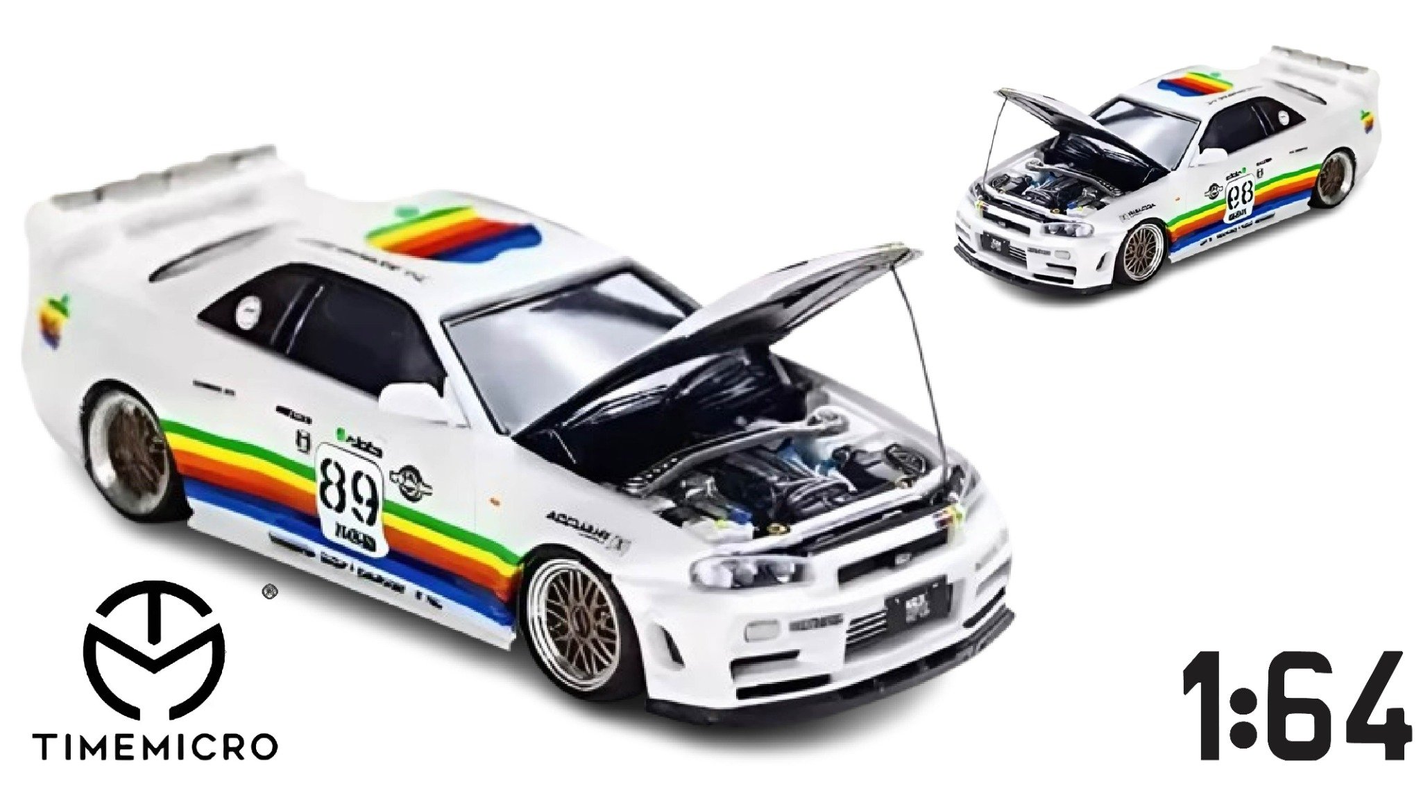  Mô hình xe Nissan Skyline GTR R34 White Apple #89 JDM mở được capo tỉ lệ 1:64 Time micro TM643433 