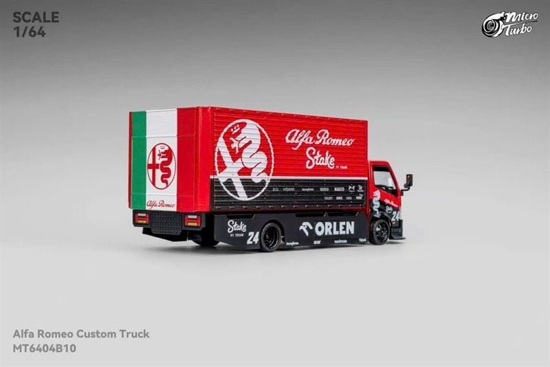  Mô hình xe tải kéo thùng - chở xe Custom truck Alfa Romeo red mở được thùng tỉ lệ 1:64 Micro Turbo MT6404B10 