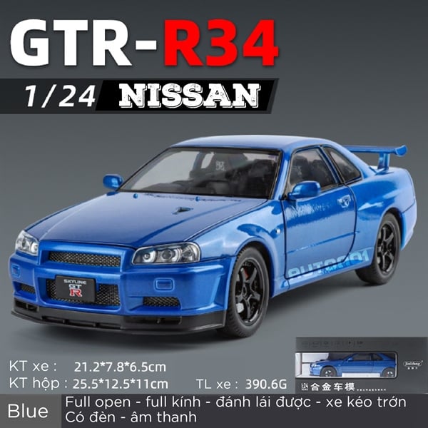 Mô hình xe ô tô Nissan Skyline GT-R R34 full open - full kính - đánh lái được - có đèn/âm thanh tỉ lệ 1:24 Jinlifang OT511 