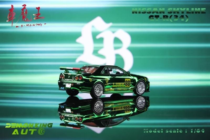  Mô hình xe Nissan Skyline GT-R R34 Z-Tune Transparent green mở được capo tỉ lệ 1:64 Demon king OT64395 
