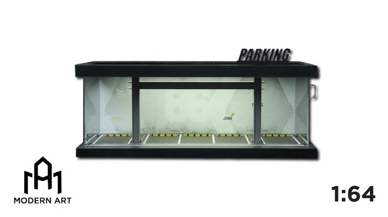  Hộp trưng bày mô phỏng bãi đỗ xe nhà kho jdm có đèn, mica, kèm dây đèn, F tỉ lệ 1:64 MoreArt MO960118 