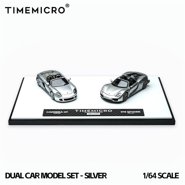  Mô hình xe Porsche 918 Spyder & CARRERA GT Double Silver Color Set tỉ lệ 1:64 Time Micro TM643529-T 