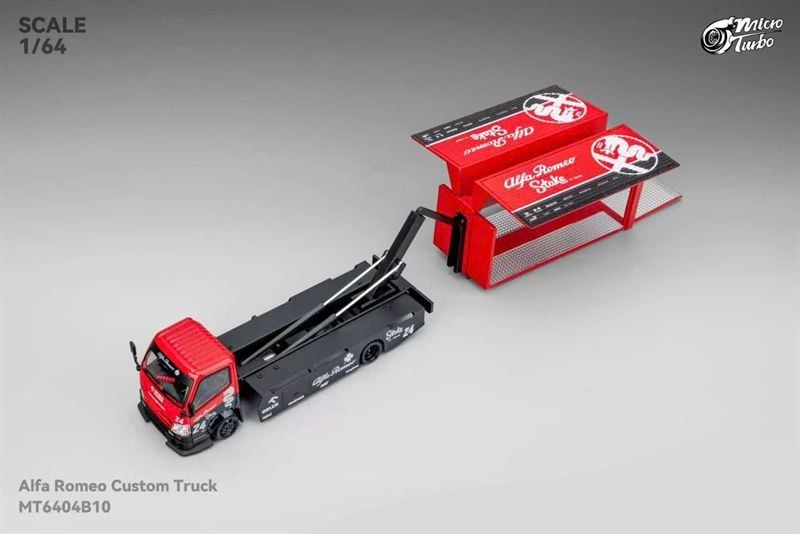  Mô hình xe tải kéo thùng - chở xe Custom truck Alfa Romeo red mở được thùng tỉ lệ 1:64 Micro Turbo MT6404B10 