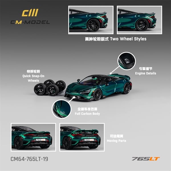  Mô hình xe Mclaren 765LT Chrome Green Full carbon hộp mica 1:64 CM Model CM64-765LT-19 