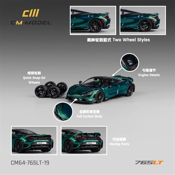  Mô hình xe Mclaren 765LT Chrome Green Full carbon hộp mica 1:64 CM Model CM64-765LT-19 