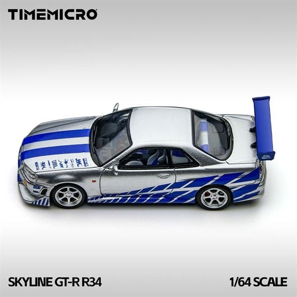  Mô hình xe Skyline GT-R R34 Silver-Blue tỉ lệ 1:64 Time Micro TM800502 