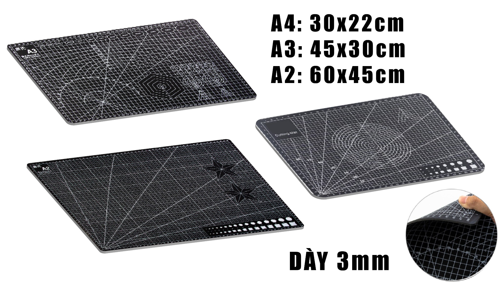 Bảng lót cắt 5 lớp cutting mat A4 A3 A2 A1 cao su tự liền màu đen PK431 