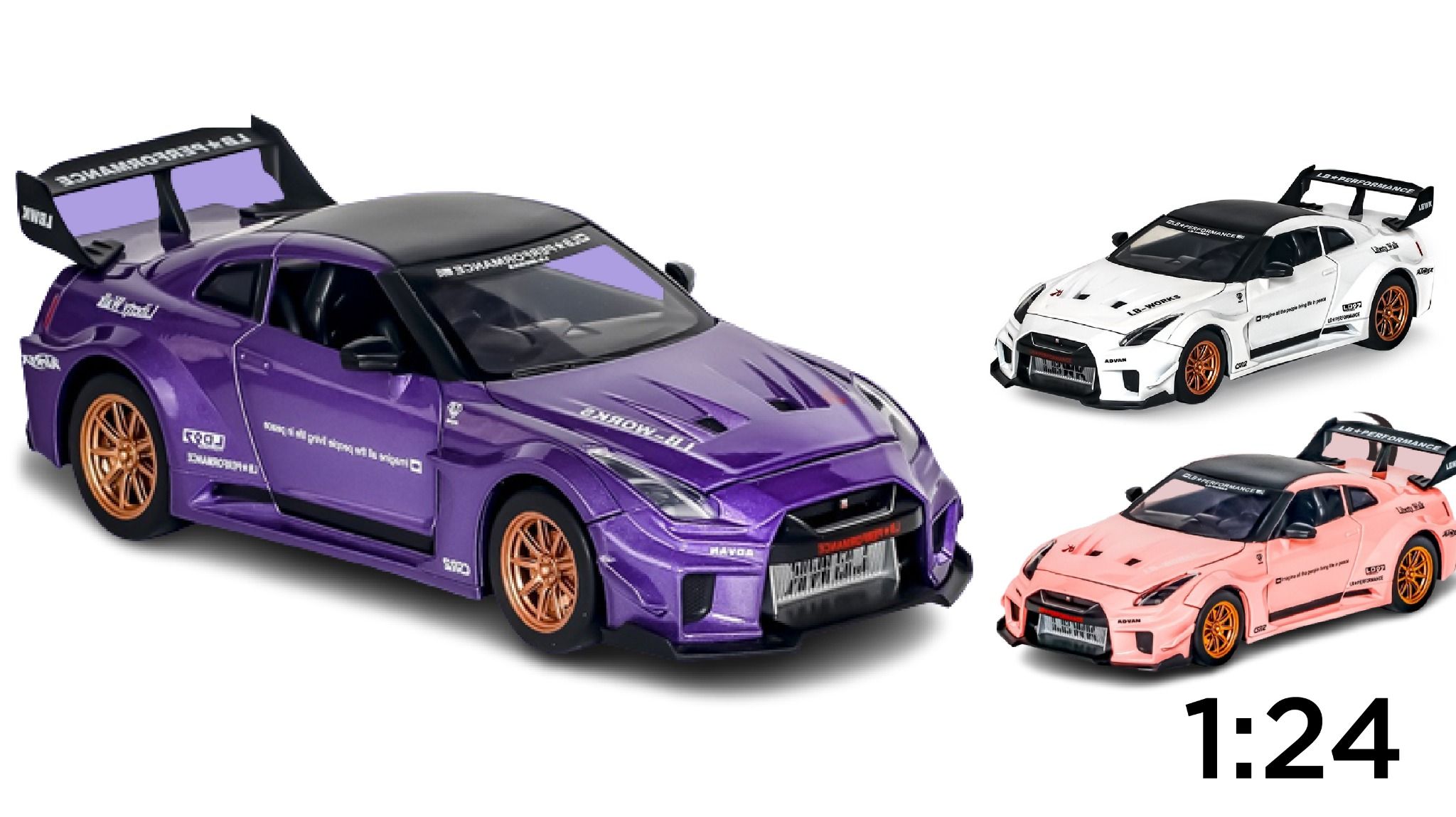 Mô hình xe Nissan GTR R35 CSR2 full open , có đèn , âm thanh 1:24 Allo ...